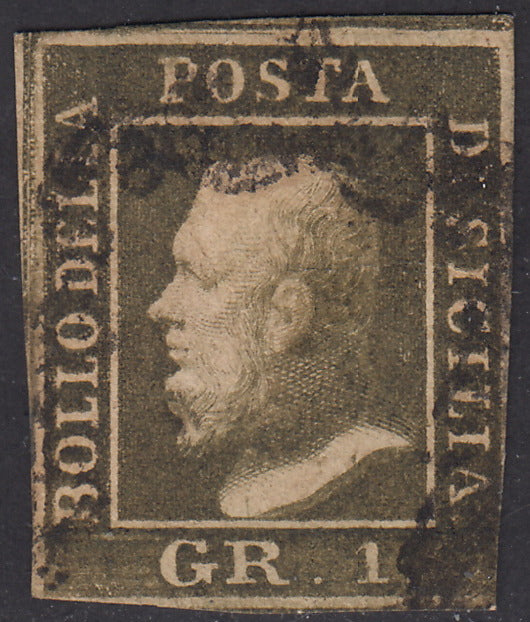 SIC155 - 1859 - 1 grano verde oliva III tavola carta di Napoli usato. (5a).