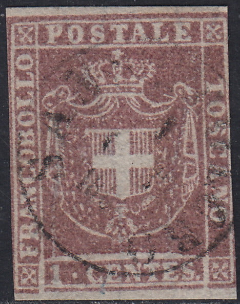 Tos146 - 1851 - Leone di Marzocco, 9 purplish brown crazie on gray paper and crown watermark used with red cancellation (8).