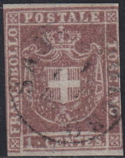 Tos146 - 1851 - Leone di Marzocco, 9 purplish brown crazie on gray paper and crown watermark used with red cancellation (8).