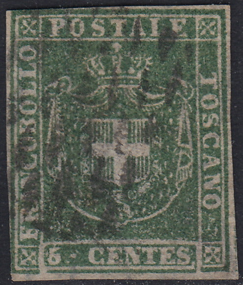 Tos146 - 1851 - Leone di Marzocco, 9 purplish brown crazie on gray paper and crown watermark used with red cancellation (8).