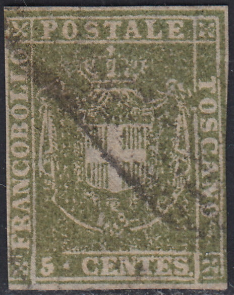 GPT28 - 1860 - Scudo di Savoia sormontato da Corona Reale, c. 5 verde oliva, prima scelta. (18a).