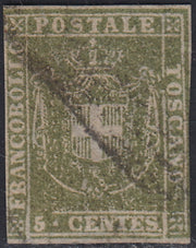 GPT28 - 1860 - Scudo di Savoia sormontato da Corona Reale, c. 5 verde oliva, prima scelta. (18a).