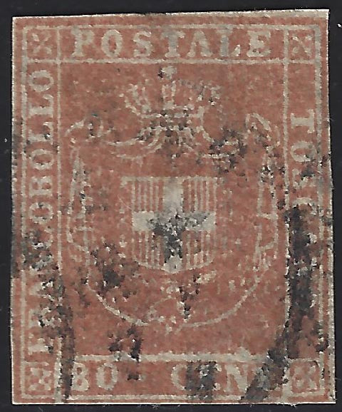 Tos146 - 1851 - Leone di Marzocco, 9 purplish brown crazie on gray paper and crown watermark used with red cancellation (8).