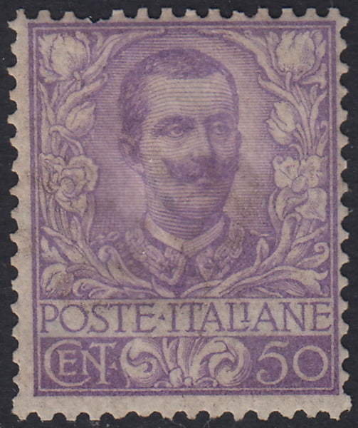 RN353 - 1910 - Serie Floreale, 50c. Malva nuovo con gomma originale, dentello corto in alto ma esemplare fresco e di buona centratura (76).