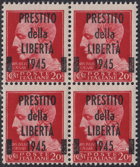 LT4 -1945 - Emissione Imperiale, c. 20 Giulio Cesare carminio blocco di quattro esemplari soprastampati "Prestito della Libertà 1945" nuova con gomma integra, rara! (C.E.I.1)