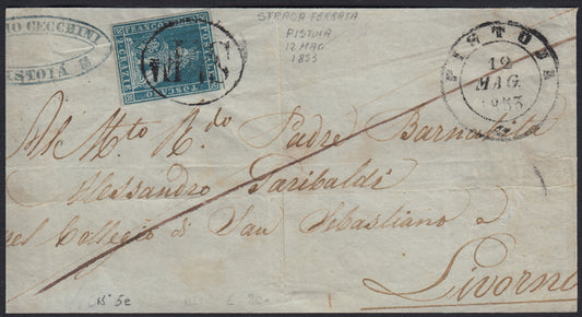 TOSCSP17 - 1854 - Letter stamped with 1cr. light carmine on gray single + pair used with Grosseto seal mute, rare! (4, points 11). 