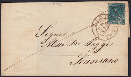 TOSCSP17 - 1854 - Letter stamped with 1cr. light carmine on gray single + pair used with Grosseto seal mute, rare! (4, points 11). 