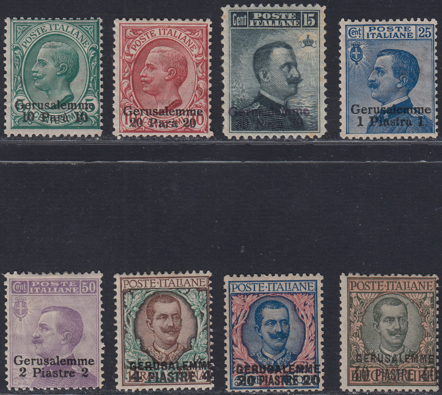 LevGerus1 - 1909/11 - Francobolli d'Italia con soprastampa Gerusalemme e nuovo valore, serie completa di otto valori nuova con gomma originale e traccia di linguella (1/8).