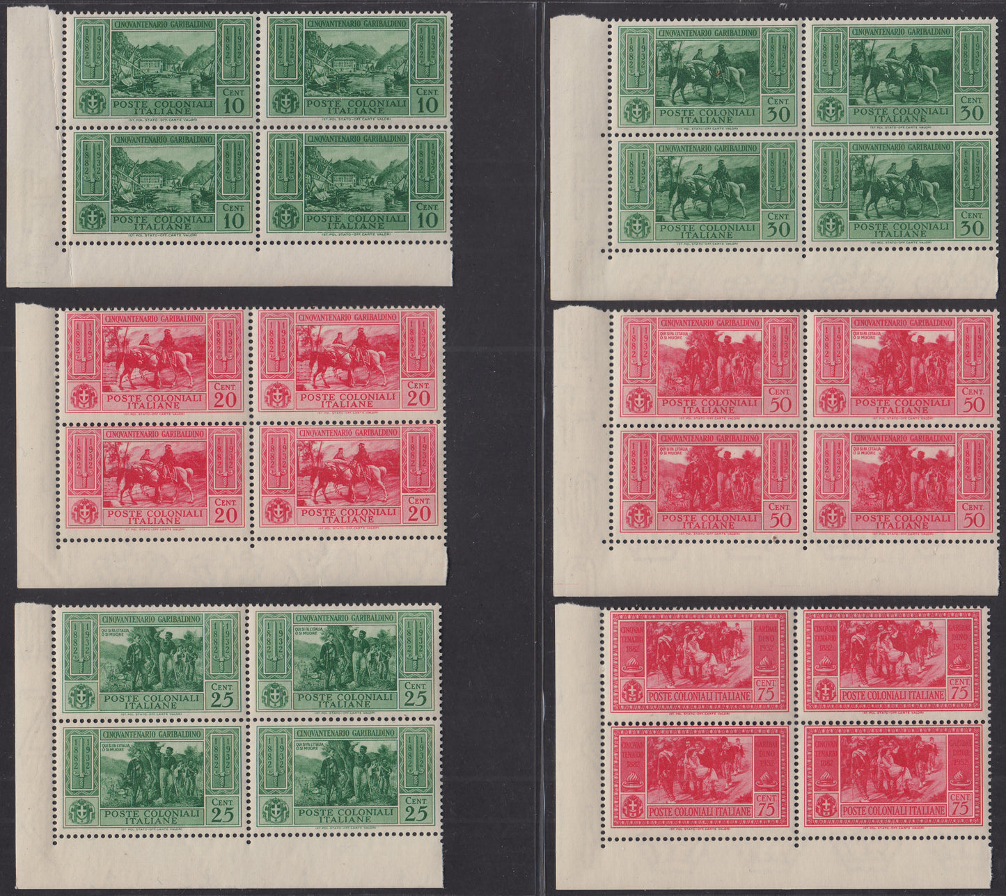 BA23_214 - 1932 - Cinquantenario Garibaldino, serie completa di Posta Ordinaria + Posta Aerea nuova con gomma originale integra, grande qualità, in blocchi di quattro esemplari angolo di foglio. (1/10 + A1/A7).