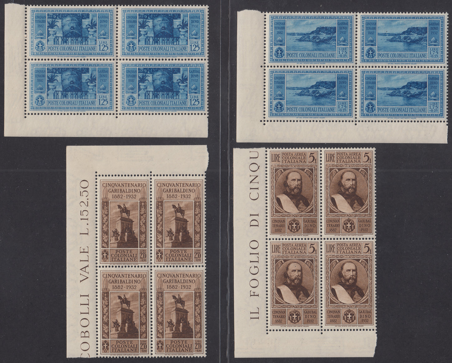 BA23_214 - 1932 - Cinquantenario Garibaldino, serie completa di Posta Ordinaria + Posta Aerea nuova con gomma originale integra, grande qualità, in blocchi di quattro esemplari angolo di foglio. (1/10 + A1/A7).