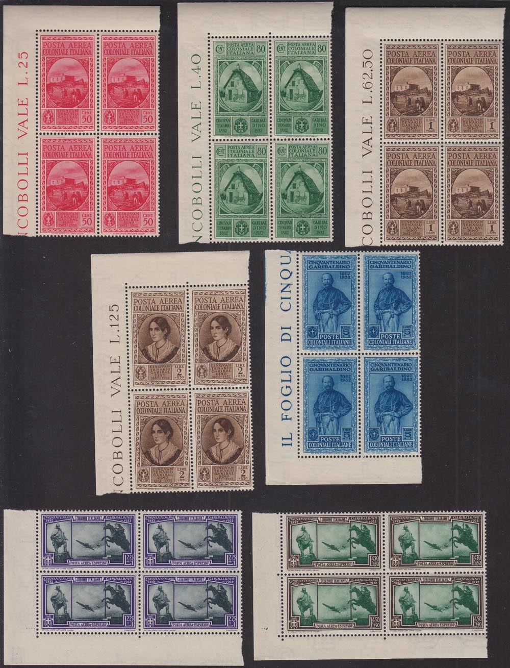 BA23_214 - 1932 - Cinquantenario Garibaldino, serie completa di Posta Ordinaria + Posta Aerea nuova con gomma originale integra, grande qualità, in blocchi di quattro esemplari angolo di foglio. (1/10 + A1/A7).