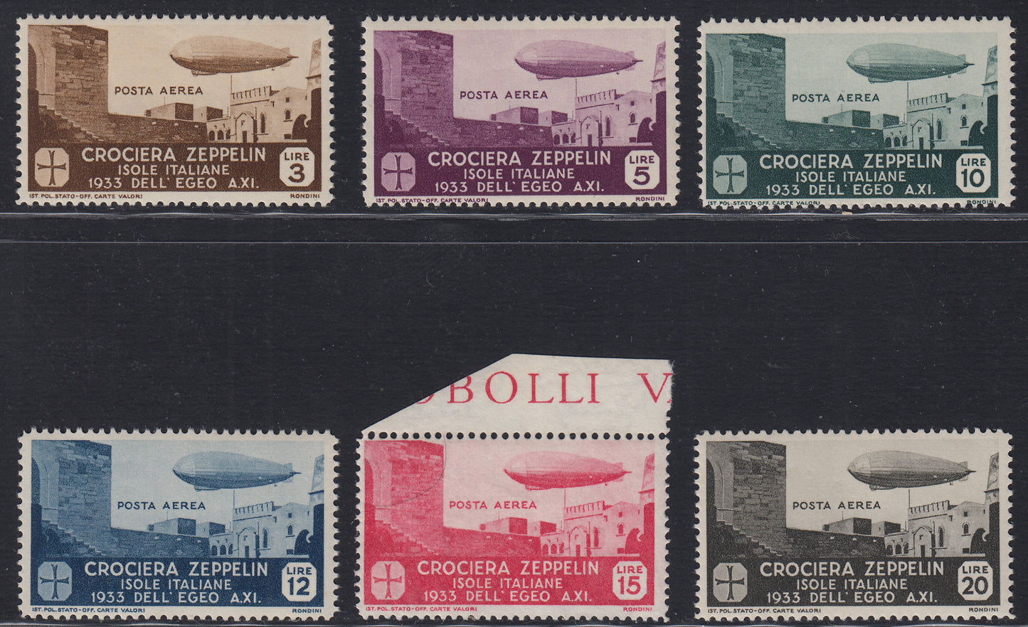 Egeo35 - 1933 - Crociera Zeppelin, serie completa di sei valori nuova con gomma integra, bicolore (A22/27).