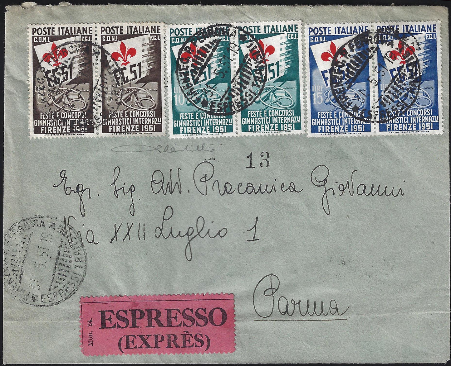 1961 Fragment stamped with complete Gronchi series with L. 205 Lilac Pink instead of Gray (918, 919, 921)