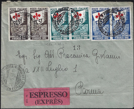 F29_192 - 1951 - Feste e Concorsi Ginnici Internazionali a Firenze, serie completa di tre valori in coppie orizzontali su lettera Espresso da Firenze per Parma 31/5/51 in perfetta tariffa. (661/663).