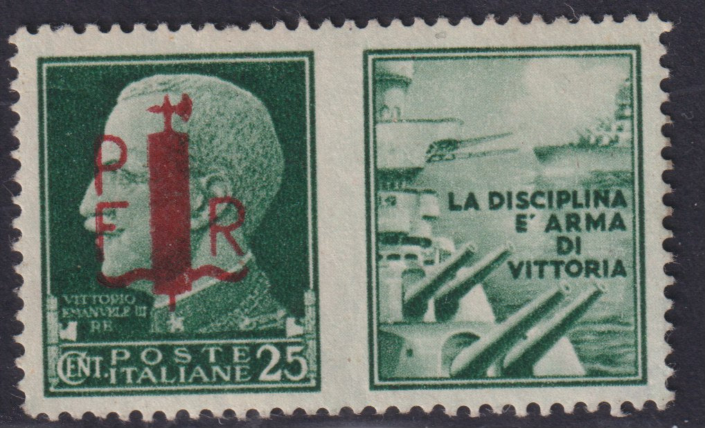 FF249 - 1944 - Propaganda di Guerra, c. 25 verde con soprastampa di Prova sul lato dell'effigie, nuovo con gomma originale. Rarissimo. (Sassone, Nota a margine dell'emissione).