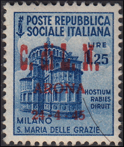 CLN8 - 1944 - Monumenti distrutti, L. 1,25 azzurro con soprastampa carminio invece che nera (22). Raro.