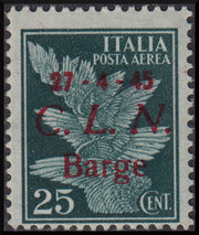 FF38 - 1945 - Posta Aerea di Regno, c. 25 verde scuro sopratampa rossa "17 - 4 - 45 / C.L.N. / Barge" con decalco, raro e splendido. (12b).