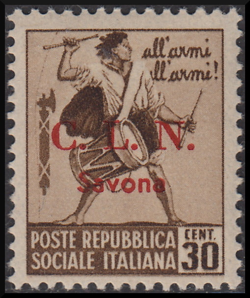 CLN86 - 1945 Monuments Destroyed c. 10 brown with CLN Savona overprint in red, "small dot after C" variety, new intact (2db)