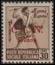 FF37-39 - 1945 - Monumenti distrutti 30c. Bruno con soprastampa rossa e decalco, nuovo con gomma integra. (5e). Unito stesso valore ma con soprasampa nera di Arona fortemente spostata in alto (5c).