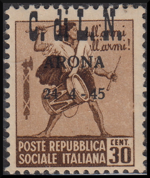 CLN86 - 1945 Monuments Destroyed c. 10 brown with CLN Savona overprint in red, "small dot after C" variety, new intact (2db)