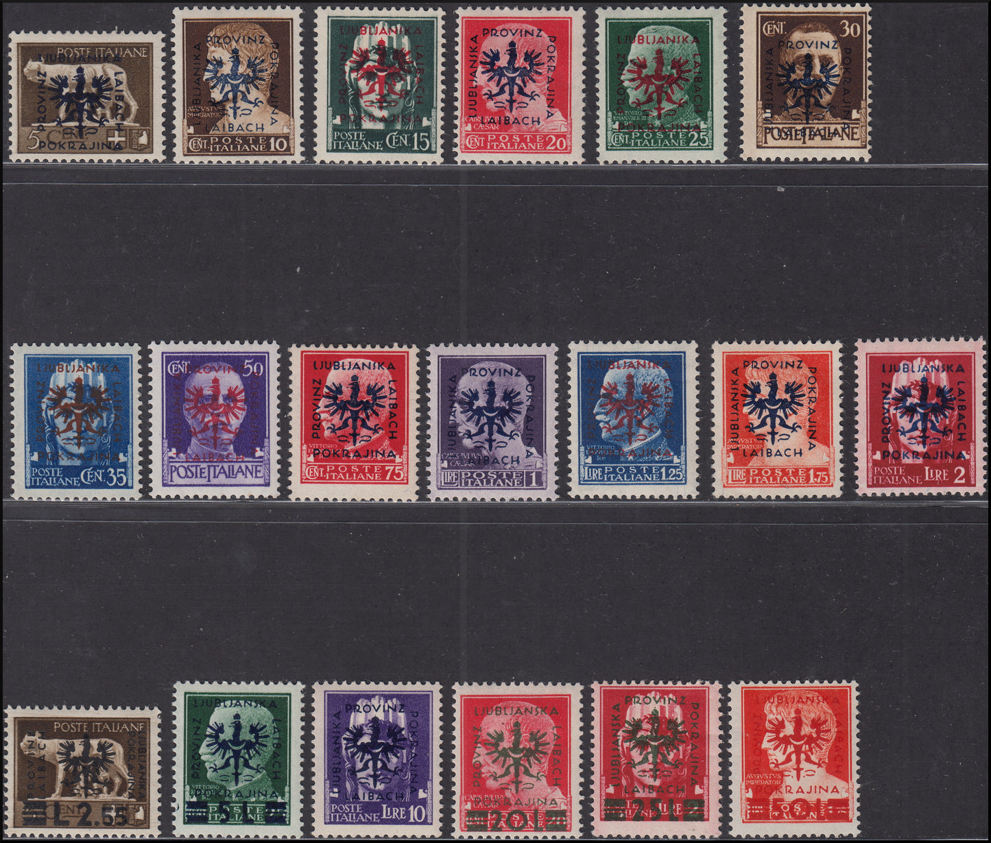 PPP747 - 1944 - Francobolli d'Italia serie "Imperiale" con sovrastampa "Provincia di Lubiana", serie completa di 19 valori linguellati (1/19)