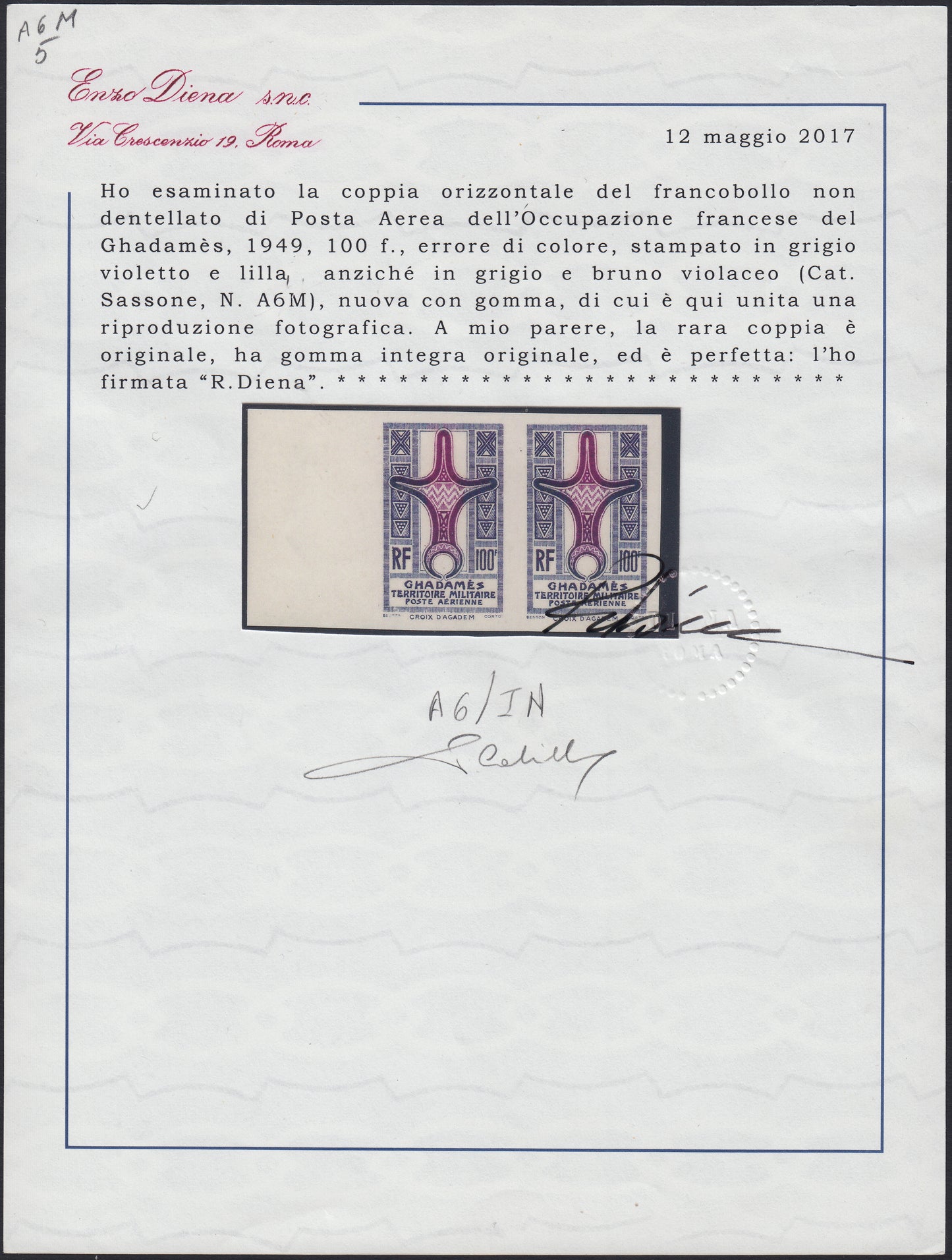 FEZ27 - 1949 - Emissione per il Ghadamès, 100f. grigio violetto e lilla, colori diversi non dentellato, coppia orizzontale nuova con gomma integra (A6/IN).