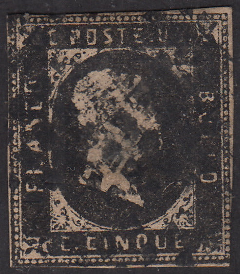 SARD177 - 1851 - Effigie di Vittorio Emanuele II, I emissione c. 5 nero intenso III riporto litografico usato, difetti ma raro esemplare (1b)