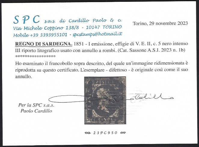 SARD177 - 1851 - Effigie di Vittorio Emanuele II, I emissione c. 5 nero intenso III riporto litografico usato, difetti ma raro esemplare (1b)