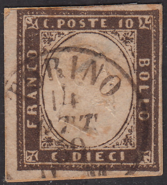 SARD368 - IV emissione c. 10 bruno cioccolato scuro I tavola tiratura 1859 usato (14Af)