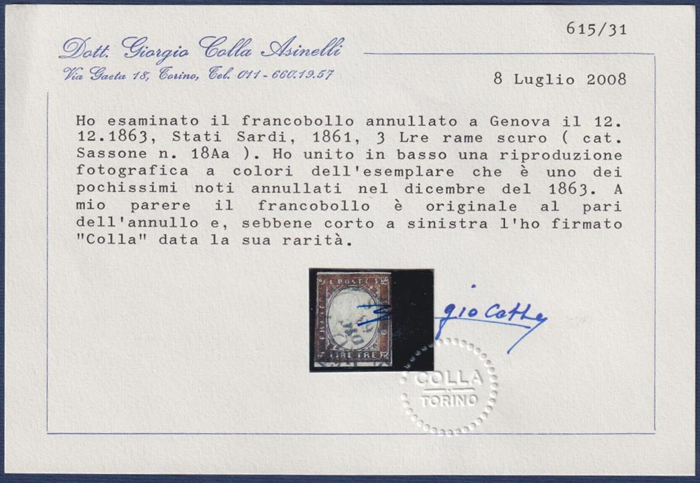 PP514 - 1861 - Effigie di Vittorio Emanuele II, L. 3 rame scuro usato con annullo di Genova 12/12/1863, ultimo mese d'uso dei francobolli Matraire, (18Aa).