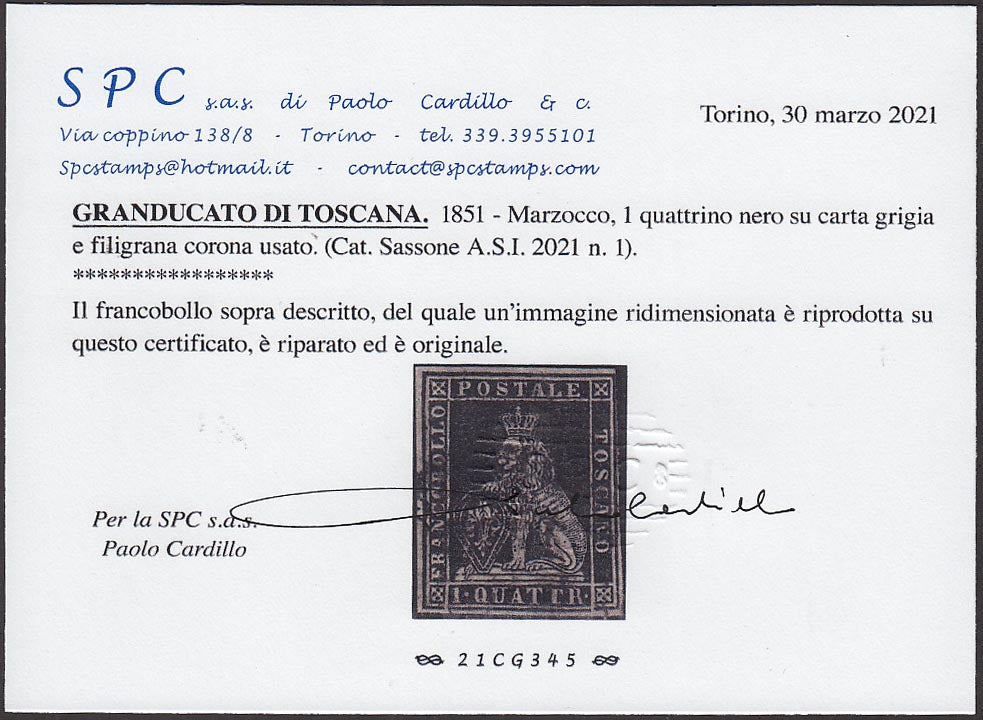 EC16_148 - 1851 - Leone di Marzocco 1 quattrino nero su carta grigia e filigrana corona usato (1).