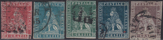 32_97 - 1851 - Leone di Marzocco serietta di cinque valori comprendente 1, 2, 4, 6 e 9 crazie su carta grigia e filigrana corona nei colori base (4, 5, 6, 7, 8).