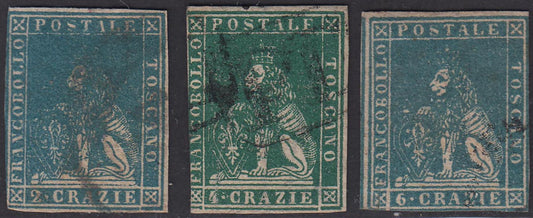 EC32_51 - 1857 - Leone di Marzocco 6 crazie azzurro, azzurro cupo e azzurro vivo, tre esemplari nelle tonalità di colore della carta bianca con filigrana linee ondulate, usati. (15, 15a, 15b).