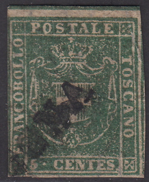 1860 - Scudo di Savoia sormontano da corona Reale, c. 5 verde giallastro su carta bianca e filigrana linee ondulate e con linea di riquadro in alto usato con parte del lineare "PER CONSEGNA (18c/18f).PV1846 -