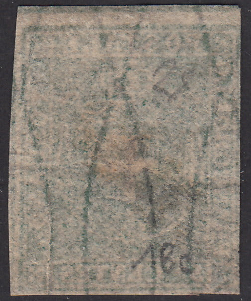 1860 - Scudo di Savoia sormontano da corona Reale, c. 5 verde giallastro su carta bianca e filigrana linee ondulate e con linea di riquadro in alto usato con parte del lineare "PER CONSEGNA (18c/18f).PV1846 -