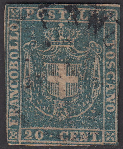 PV1892 - 1860 - Scudo di Savoia sormontano da corona Reale, c. 20 azzurro grigio su carta bianca e filigrana linee ondulate usato (20b).