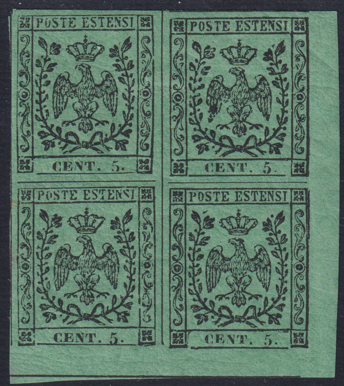 F12_17 - 1852 - Aquila estense, emissione con punto dopo la cifra c. 5 verde blocco di quattro esemplari nuovo con gomma originale, molto bello (7).