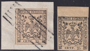 PPP55 - 1852 - I emissione, c. 25 camoscio chiarissimo rosaceo nuovo con piena gomma originale con assottigliamento e bordo di foglio in alto, unito confronto usato per consentire di individuare le differenze cromatiche. Molto raro. (4, 4b).