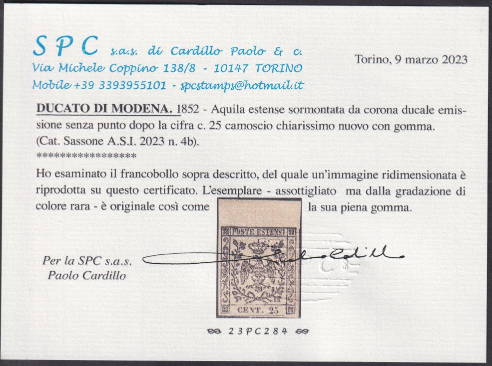 PPP55 - 1852 - I emissione, c. 25 camoscio chiarissimo rosaceo nuovo con piena gomma originale con assottigliamento e bordo di foglio in alto, unito confronto usato per consentire di individuare le differenze cromatiche. Molto raro. (4, 4b).