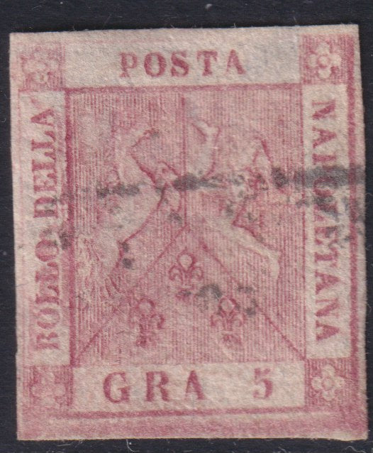 PVN17 - 1859 - Stemma delle Due Sicilie, 5 grana carminio rosa II tavola "Filigrana lettere BOLLI POSTALI" usato (9i).