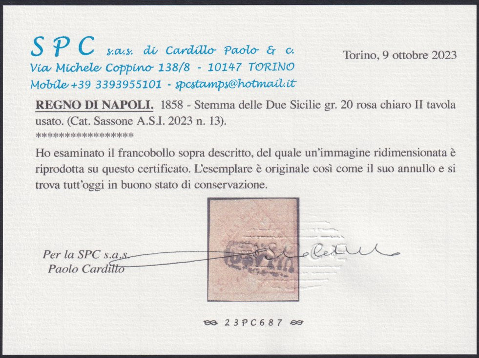 PPP496 - 1859 - Stemma delle Due Sicilie, 20 grana rosa chiaro II tavola usato (13).