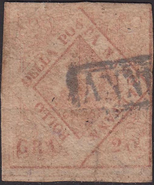 EC32-78 - 1859 - Stemma delle Due Sicilie, 20 grana rosa chiaro II tavola "Filigrana lettere BOLLI POSTALI" usato (13e).