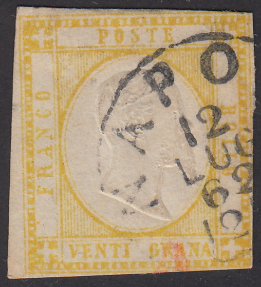 PV944 - 1861 - Effigie di Vittorio Emanuele II volta a destra 20 grana giallo usato con annullo originale di Napoli 12/7/62 (23).