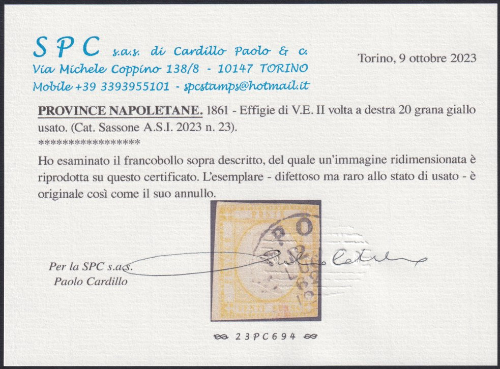 1861 - 1 black grain, copy with triple effigy, new with original rubber (19 AD). Cardillo certificate.