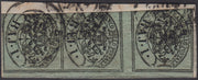 PV364 - 1852 - I emissione frammento affrancato con 1 baj grigio verde striscia di tre esemplari con presente un interspazio orizzontale di gruppo e sul lato destro parte dell'interspazio verticale, molto raro. (2)