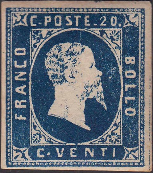 F17_97 - 1851 - Effigie di Vittorio Emanuele II, I emissione c.20 azzurro nuovo con gomma, di grande qualità come di rado capita in questa emissione (2).