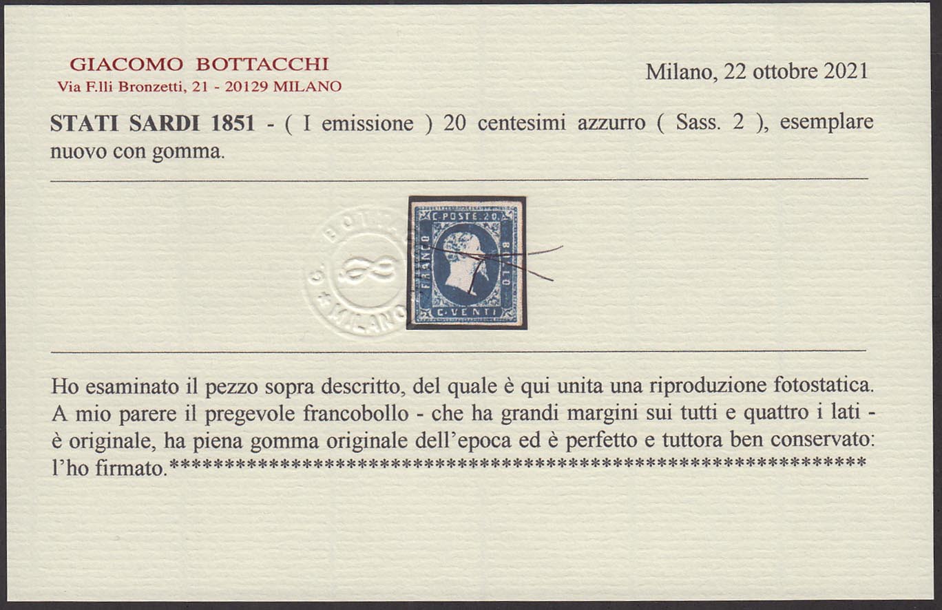 F17_97 - 1851 - Effigie di Vittorio Emanuele II, I emissione c.20 azzurro nuovo con gomma, di grande qualità come di rado capita in questa emissione (2).