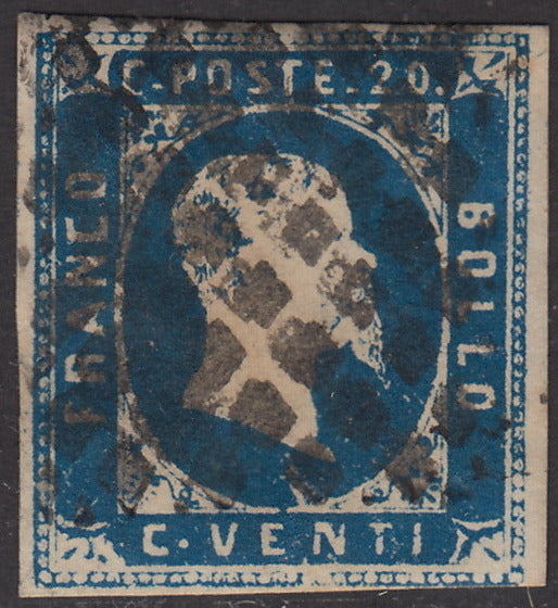 Sard187 - 1851 - I emissione Effigie di Vittorio Emanuele II c. 20 azzurro usato con annullo a rombi (2).