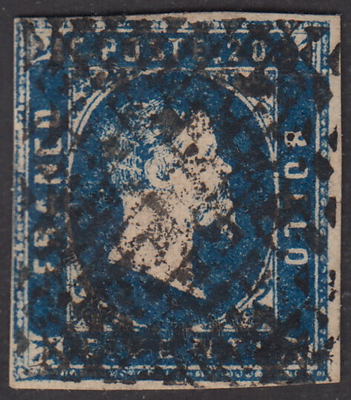 Sard172 - 1851 - I emissione Effigie di Vittorio Emanuele II c. 20 azzurro vivo usato con annullo a griglietta di Asti, piega. (2d, p.ti 13).