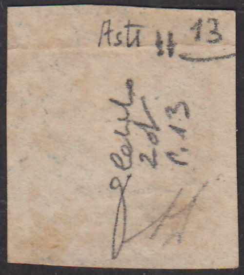 Sard172 - 1851 - I emissione Effigie di Vittorio Emanuele II c. 20 azzurro vivo usato con annullo a griglietta di Asti, piega. (2d, p.ti 13).